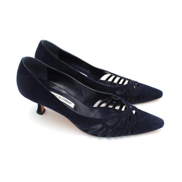 Manolo Blahnik Pumps 38 Womens 8 Navy Suede Cutout Vintage Kitten Heels Elegant - Picture 1 of 8